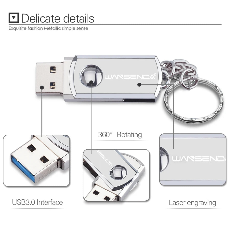 Chiavetta USB 3.0 in acciaio inossidabile da 256 GB, 128 GB, chiavetta a rotazione da 16 GB, 32 GB, 64 GB, pendrive con portachiavi