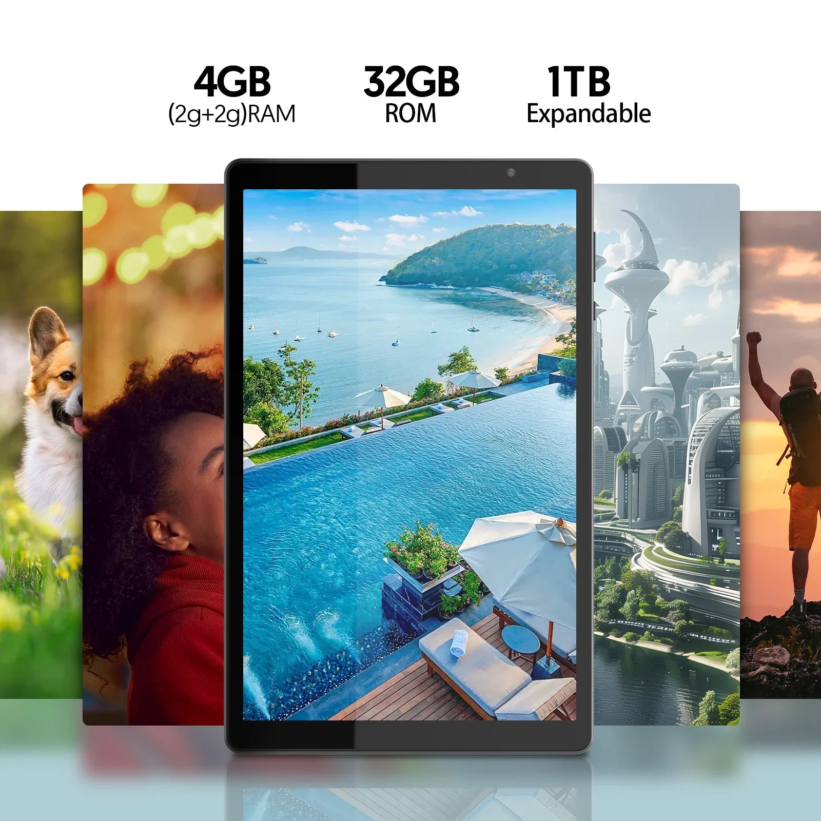 Tablet 10 pollici con Android 14, processore quad-core, 5G e Wi-Fi, 4 GB di ROM + 32 GB di RAM, risoluzione 1280×800, batteria da 6000 mAh