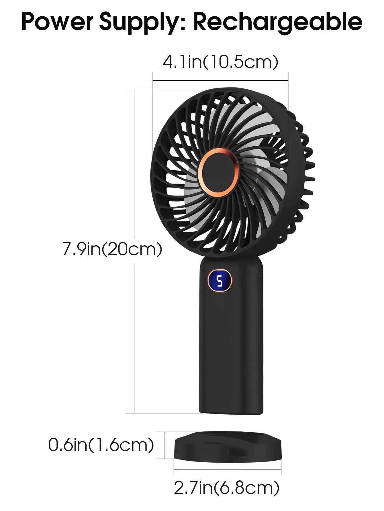 Ventilatore portatile ricaricabile tramite USB, mini ventilatore con display digitale e regolazione a 5 velocità, ideale per viaggi, attività all'aperto, ufficio e casa