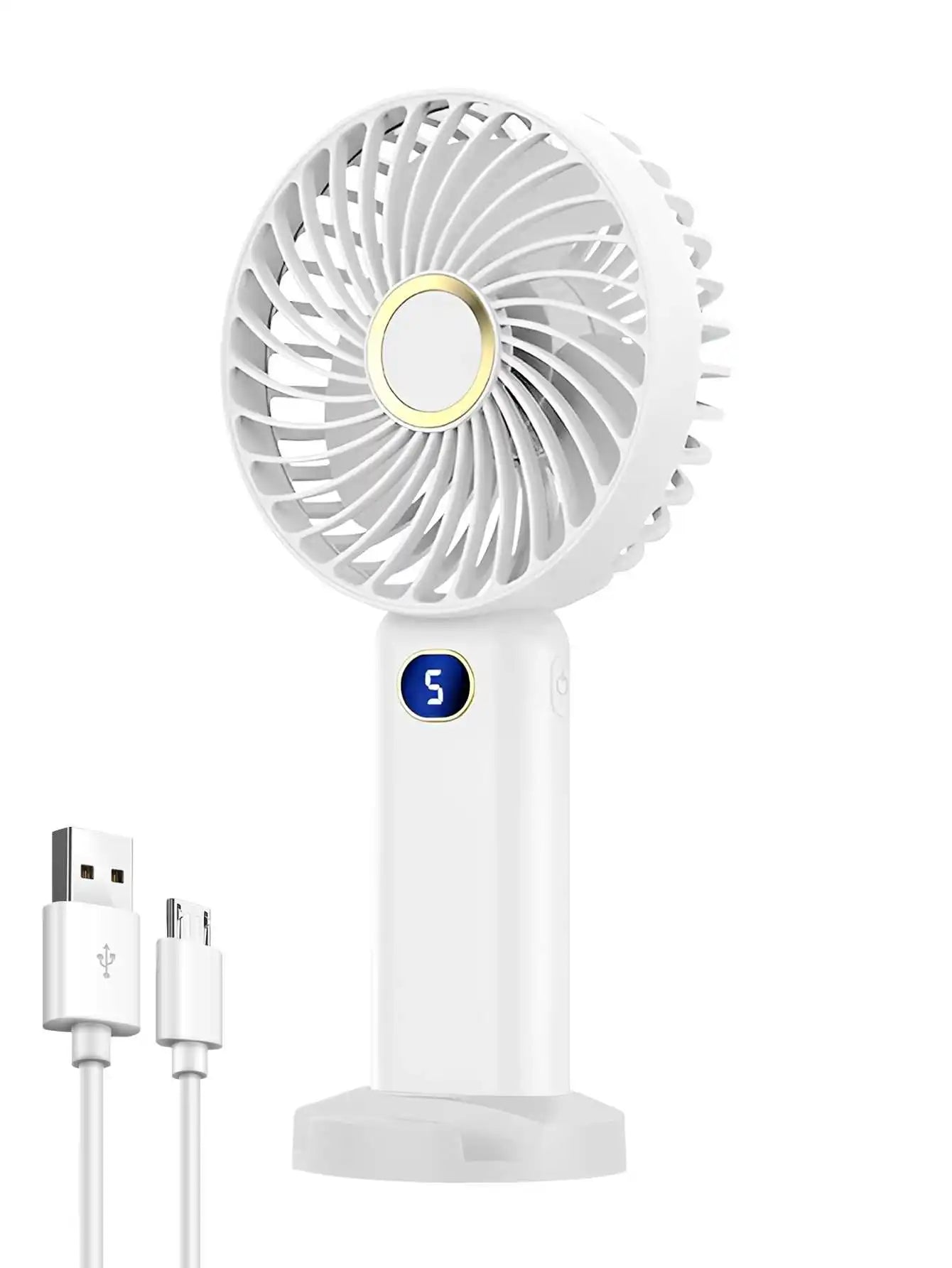 Ventilatore portatile ricaricabile tramite USB, mini ventilatore con display digitale e regolazione a 5 velocità, ideale per viaggi, attività all'aperto, ufficio e casa