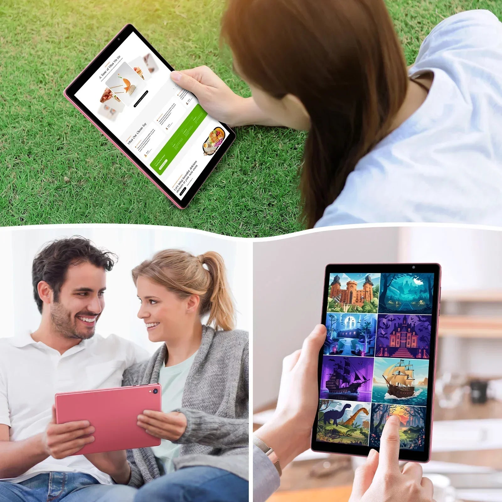 Tablet 10 pollici con Android 14, processore quad-core, 5G e Wi-Fi, 4 GB di ROM + 32 GB di RAM, risoluzione 1280×800, batteria da 6000 mAh