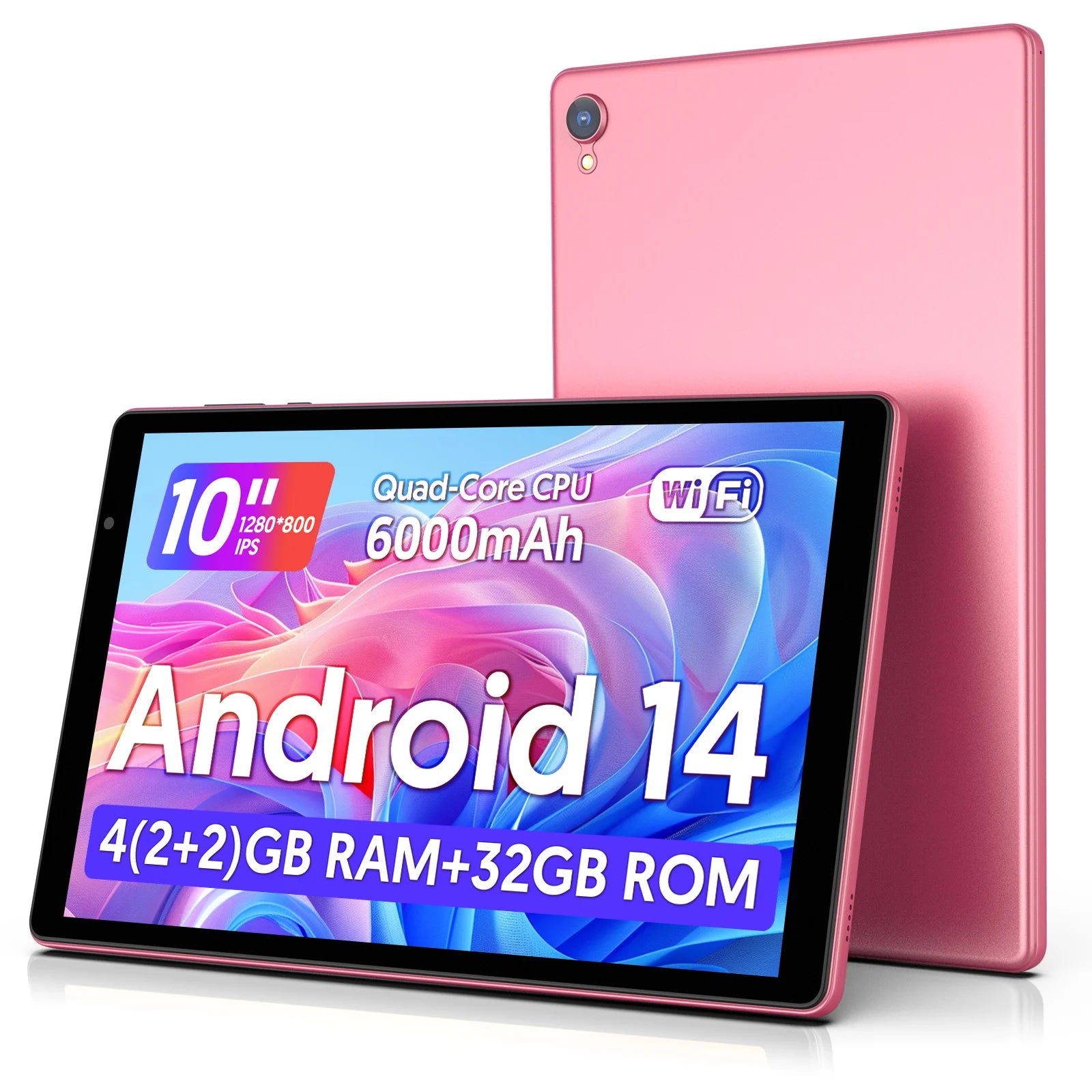 Tablet 10 pollici con Android 14, processore quad-core, 5G e Wi-Fi, 4 GB di ROM + 32 GB di RAM, risoluzione 1280×800, batteria da 6000 mAh