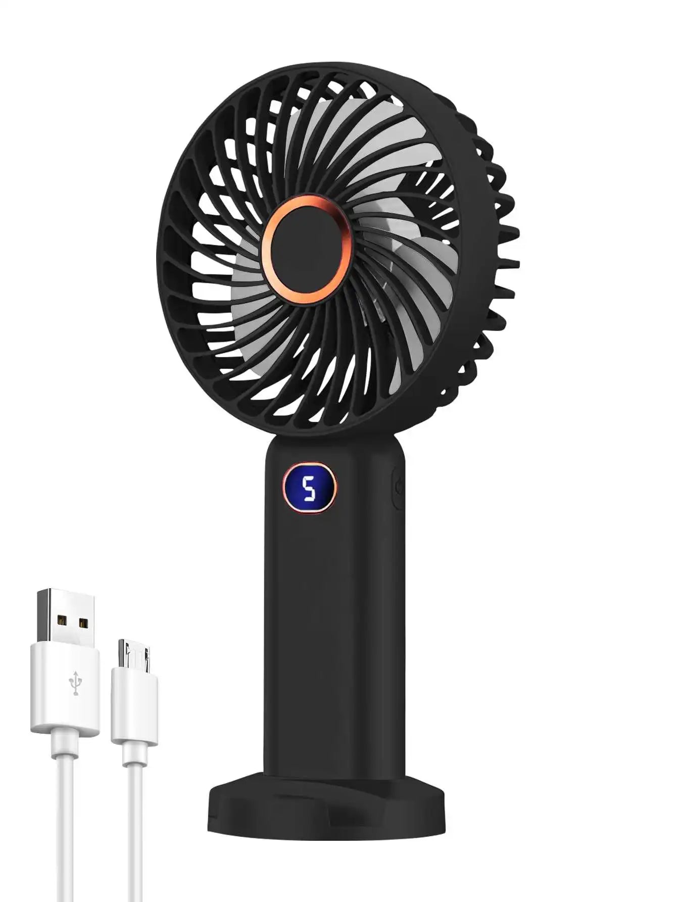 Ventilatore portatile ricaricabile tramite USB, mini ventilatore con display digitale e regolazione a 5 velocità, ideale per viaggi, attività all'aperto, ufficio e casa