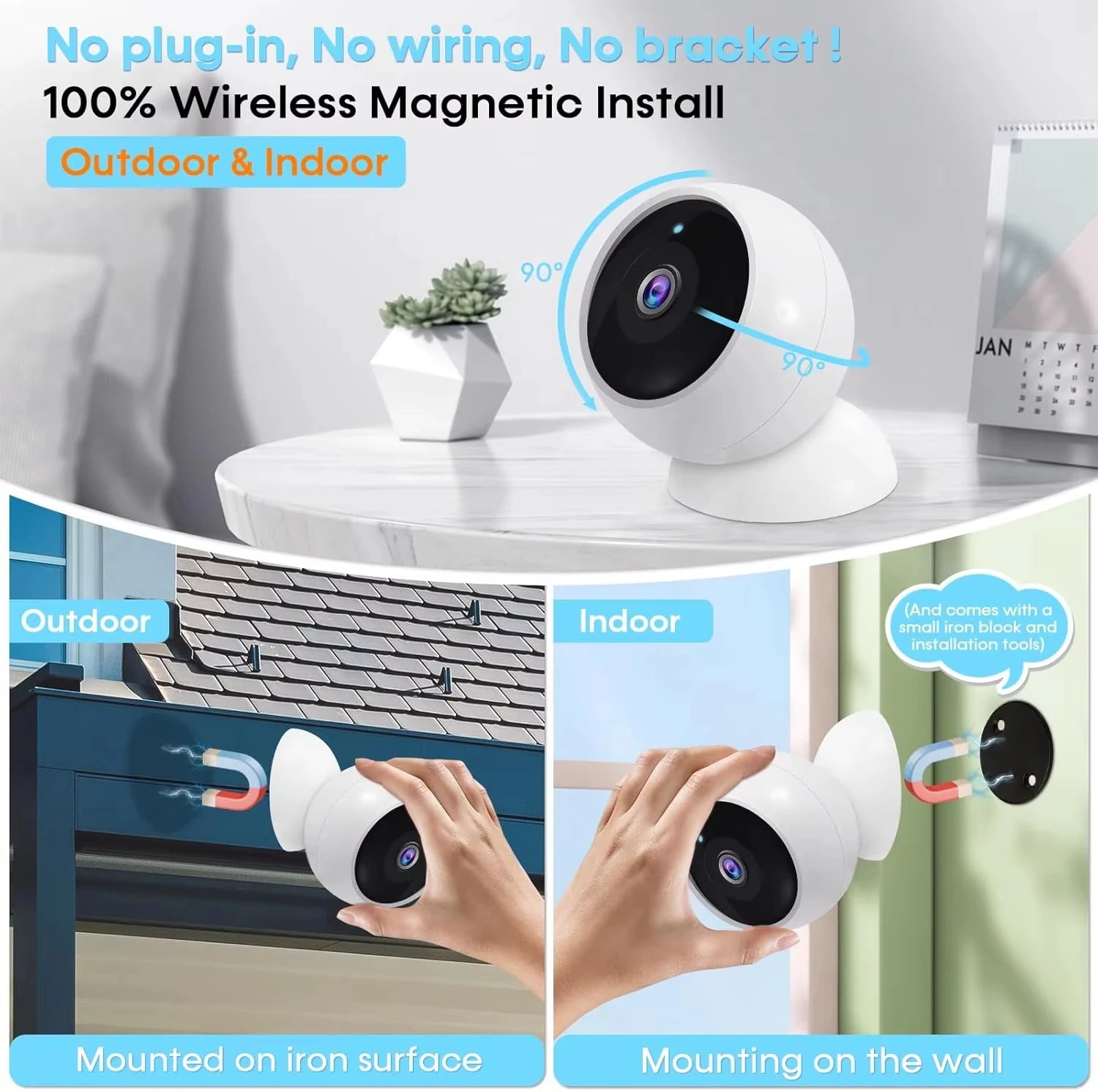 Telecamera di sicurezza domestica 2K da 5 MP con Wi-Fi, wireless, per esterni, con supporto magnetico, alimentata a batteria, con sorveglianza, rilevamento del movimento tramite IA, telecamera HD per interni