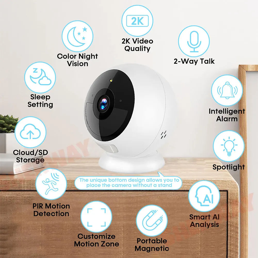 Telecamera di sicurezza domestica 2K da 5 MP con Wi-Fi, wireless, per esterni, con supporto magnetico, alimentata a batteria, con sorveglianza, rilevamento del movimento tramite IA, telecamera HD per interni