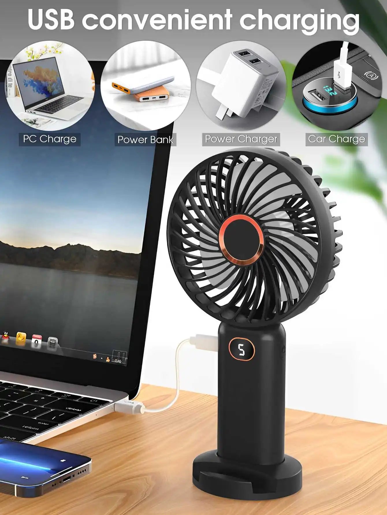 Ventilatore portatile ricaricabile tramite USB, mini ventilatore con display digitale e regolazione a 5 velocità, ideale per viaggi, attività all'aperto, ufficio e casa