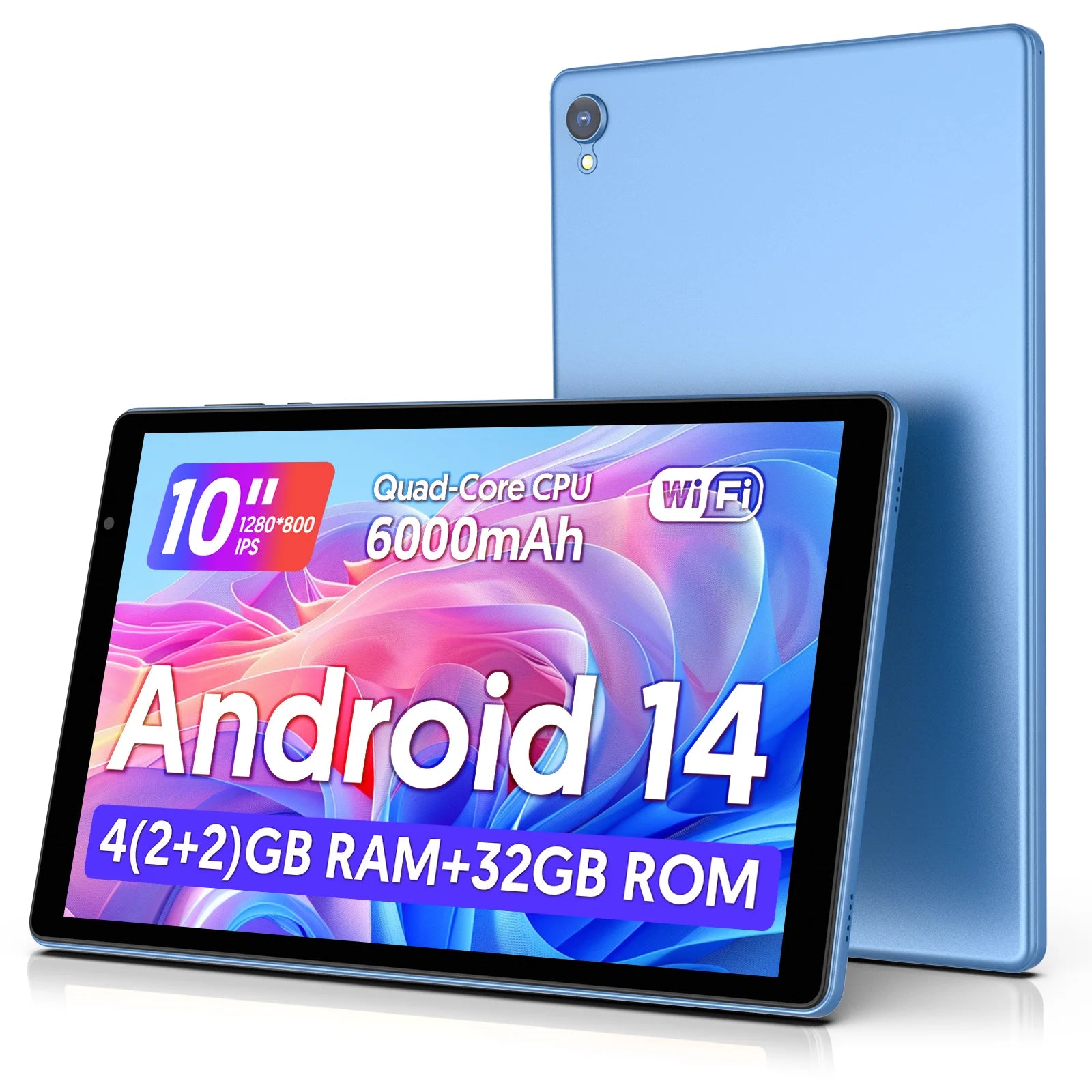 Tablet 10 pollici con Android 14, processore quad-core, 5G e Wi-Fi, 4 GB di ROM + 32 GB di RAM, risoluzione 1280×800, batteria da 6000 mAh
