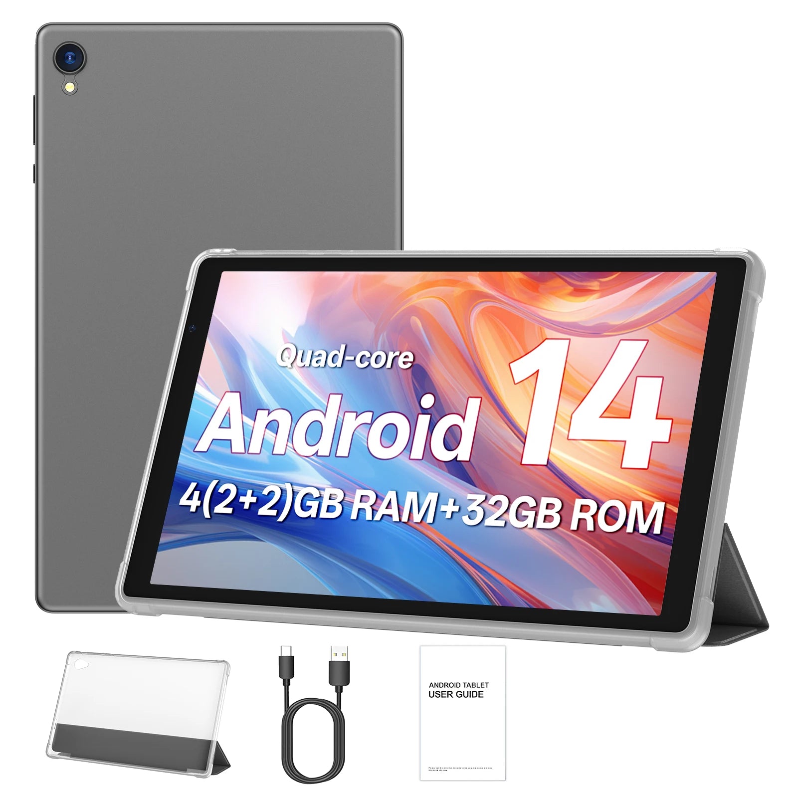 Tablet 10 pollici con Android 14, processore quad-core, 5G e Wi-Fi, 4 GB di ROM + 32 GB di RAM, risoluzione 1280×800, batteria da 6000 mAh