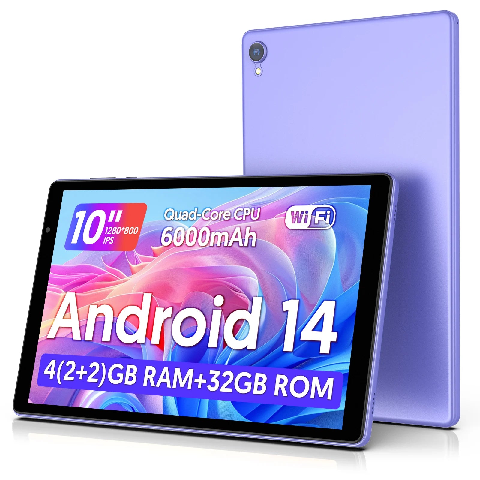 Tablet 10 pollici con Android 14, processore quad-core, 5G e Wi-Fi, 4 GB di ROM + 32 GB di RAM, risoluzione 1280×800, batteria da 6000 mAh