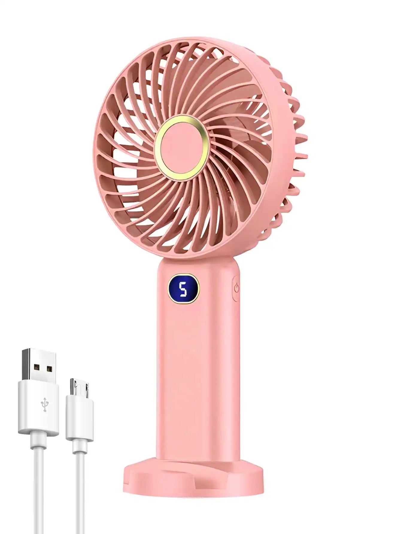 Ventilatore portatile ricaricabile tramite USB, mini ventilatore con display digitale e regolazione a 5 velocità, ideale per viaggi, attività all'aperto, ufficio e casa