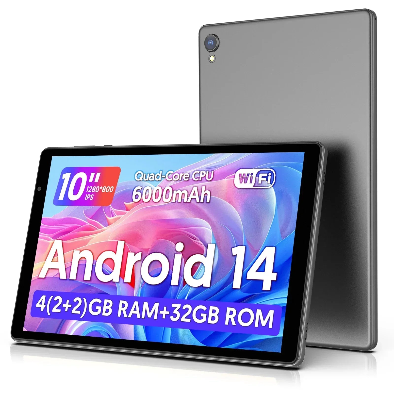 Tablet 10 pollici con Android 14, processore quad-core, 5G e Wi-Fi, 4 GB di ROM + 32 GB di RAM, risoluzione 1280×800, batteria da 6000 mAh